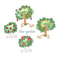 Unusual ecology icon. Merry fabulous fruit trees, juggling fruit, raspberry bush and shrub roses