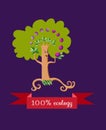 Unusual ecology icon. Merry fabulous plum tree, juggling fruit on dark lilac background.