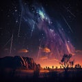 Unusual fantastic landscape, fire flies in the night sky, falling comet, starfall,