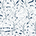 Unusual floral tropic desin seamless pattern. White monstera leaves on dark blue background.