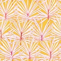 Unusual floral tropic desin seamless pattern. White and pink palm leaves on yellow background.