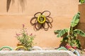 Unusual flower bed in the garden. A flower bed out of old car tires. flowerbed design. Spring, summer, garden. use of machine tire Royalty Free Stock Photo