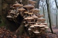 an unusual formation of shelf mushrooms growing on the bark of a tree