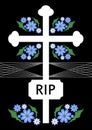 Unusual funereal decoration with cross silhouette and small blue flowers, white simple cross with lettering RIP