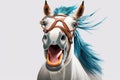 unusual funny cartoon laughing horse with glasses on white background