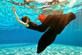 Unusual girl drowns in the pool. A girl with red hair and a dress falls to the bottom of the pool on the background of