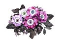 Unusual halloween concept - pink, black flowers with eyes. Watercolor