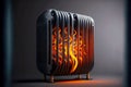 unusual heating radiator on gray background with flame of fire