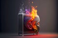 unusual heating radiator on gray background with flame of fire