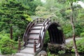 An unusual high arched pedestrian bridge over a stream in the Japanese Tea Garden in Golden Gate Park, San Francisco