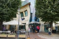 An unusual house with curved windows in the coastal town of Sopot on the shores of the Baltic Sea. Poland.