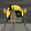 An unusual house on a hill. Halloween. Trick \'r Trea. Postcard for the holiday. A ready-made template for promotion.