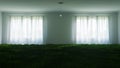 Unusual illustration of a large white room, with a lawn inside and a small light bulb Royalty Free Stock Photo