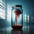 Surreal jellyfish swimming in a bottle of water - ai generated image Royalty Free Stock Photo