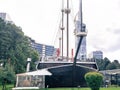 Unusual interesting restaurant in the form of an old sailing ship in the park in the middle of the city