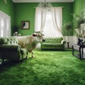 An unusual interior of large bright room, cow in living room, carpet in form of green