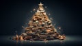 An unusual magical Christmas tree made of books stands on dark background Royalty Free Stock Photo