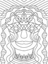 Unusual Mardi Gras queen character detailed coloring page stock vector illustration. Fantasy young female with long curly hair and