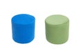 unusual modern green and blue cylindrical padded stools upholstered with fabric