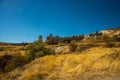 Unusual mountains in Sunny weather in summer. Beautiful landscape in summer with hills. Cappadocia, Anatolia, Turkey Royalty Free Stock Photo