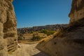 Unusual mountains in Sunny weather in summer. Beautiful landscape in summer with hills. Cappadocia, Anatolia, Turkey Royalty Free Stock Photo