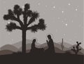 Unusual nativity scene with Joshua tree. Saint family and mountains silhouettes. Vector illustration, Mary, Jesus, and Royalty Free Stock Photo