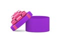 Unusual neon purple festive rounded gift box pink bow luxury decorative design 3d realistic vector