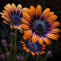 Unusual orange-blue daisies daisies close-up, beautiful bouquet on black background, Royalty Free Stock Photo
