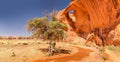 Unusual panoramic view in the Monument Valley with an arch and a tree on a sunny blue day Royalty Free Stock Photo