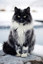 unusual patterned black and white cat posing in an icy snowy scene