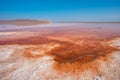 Unusual pink salt lake in the Crimea. Incredible reflection on the water surface