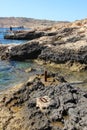 The unusual porous structure of the stone volcanic coast of the island of Comino, Maltese archipelago.