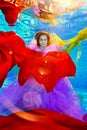 An unusual portrait of a beautiful girl who poses underwater surrounded by colorful fabrics and rays of light