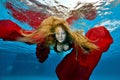 An unusual portrait of a young girl with luxurious hair under the water in the pool. She swims and poses for the camera