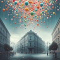 Unusual rain of balloons colorful orbs driftig down with string