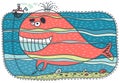 Unusual red whale keeps a small boat