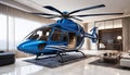 The unusual scene of a blue helicopter inside a luxury room is a spectacle of contrasts,