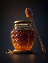 Unusual shape jar of honey with a lid. Wooden dipper spoon is leaning on the cupping glass. Dark backdrop. Generative AI
