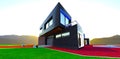 Unusual shape property against the bright sunrise behind mountains. Red brick pavement and black tile facade. 3d rendering