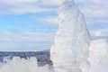 Unusual shapes and textures of ice crystals shallow dof with copy space. Arctic, winter and spring landscape