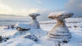 The unusual sight of mushroom rocks covered in a thick layer of snow during the winter months Royalty Free Stock Photo