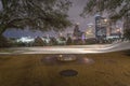 Unusual snow in Downtown Houston at night with snowfall at Eleanor Park Royalty Free Stock Photo