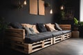 Unusual sofa in a home interior made from recycled wooden pallets