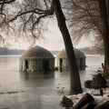 Unusual strange landscape, empty houses in the river covered with ice,