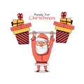 Unusual strong tattooed santa claus lifts a barbell with gifts - preparing for Christmas. Vector illustration isolated