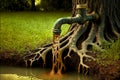 from unusual tap fouling with growths, water flows to ground in park