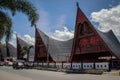 Unusual traditional houses with boat roofs of the Batak people on the island of Sumatra, Indonesia. The traditional architecture o