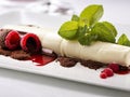 An unusual treat: white and dark chocolate cannelloni with delicate mascarpone mousse and raspberries Royalty Free Stock Photo