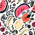 Unusual trendy background with watermelon, banana, orange, lemon, berries pop art doodles