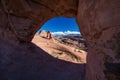 Unusual view to Delicate arch in Arches National Park in Utah, U